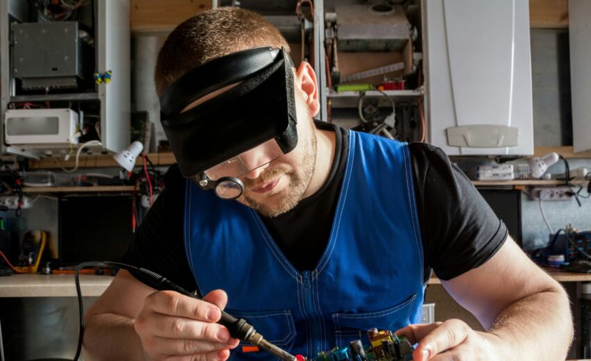 Bild zeigt Mann beim reparieren eines elektronischen Geräts mit einem Lötkolben. Foto: (c) Bermix Studio auf Unsplash