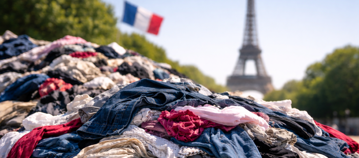 Bild zeigt Berg an Alttextilien vor dem Eiffelturm in Paris - KI-generiert