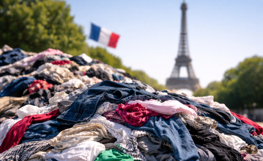 Bild zeigt Berg an Alttextilien vor dem Eiffelturm in Paris - KI-generiert