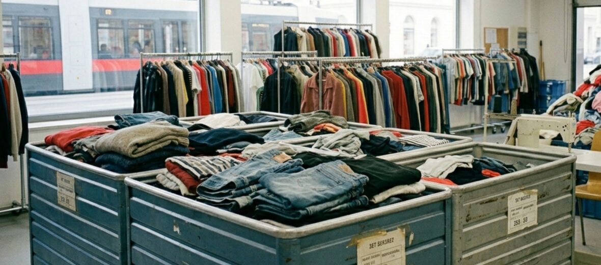 Bild zeigt eine Kleidersammlung, manche Kleider auf Kleiderstangen, manche in Boxen; im Hintergrund eine Nähmaschine;