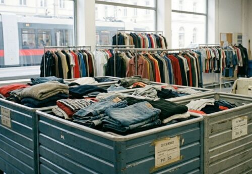 Bild zeigt eine Kleidersammlung, manche Kleider auf Kleiderstangen, manche in Boxen; im Hintergrund eine Nähmaschine;