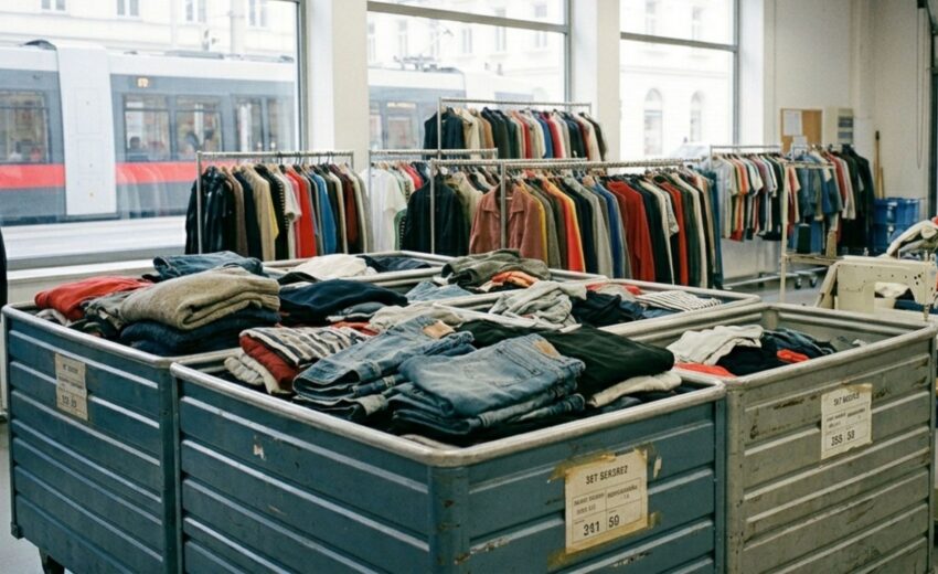 Bild zeigt eine Kleidersammlung, manche Kleider auf Kleiderstangen, manche in Boxen; im Hintergrund eine Nähmaschine;