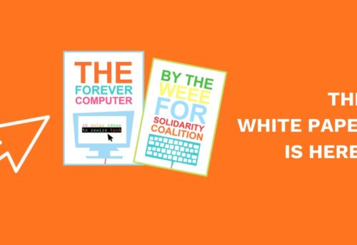 Bild zeigt orangen Hintergrund, darauf ist eine Grafik des Whitepapers von WEEE for solidarity zu sehen. Bildtext: THE WHITEPAPER IS HERE!