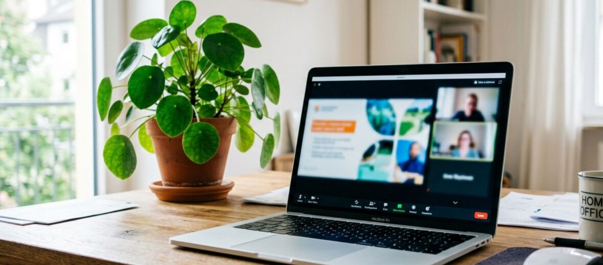 Das Bild zeigt einen Laptop auf einem Schreibtisch im Home Office, auf dem gerade ein Webinar abgehalten wird. Eine grüne Pflanze steht daneben.