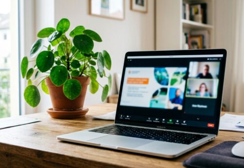 Das Bild zeigt einen Laptop auf einem Schreibtisch im Home Office, auf dem gerade ein Webinar abgehalten wird. Eine grüne Pflanze steht daneben.