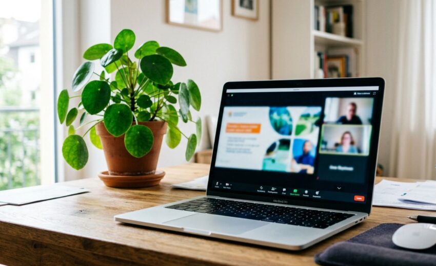 Das Bild zeigt einen Laptop auf einem Schreibtisch im Home Office, auf dem gerade ein Webinar abgehalten wird. Eine grüne Pflanze steht daneben.