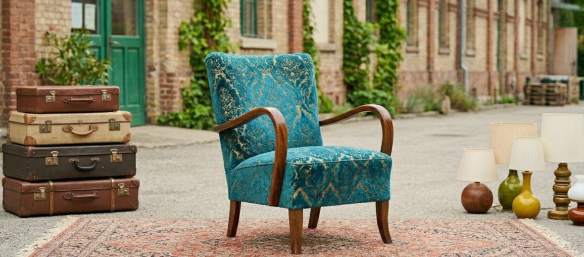 Das Bild zeigt mehrere Vintage-Artikel, links im Bild mehrere alte Koffer, in der Mitte einen türkisen Stuhl und rechts mehrere Lampen.