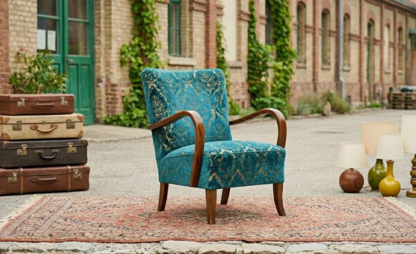 Das Bild zeigt mehrere Vintage-Artikel, links im Bild mehrere alte Koffer, in der Mitte einen türkisen Stuhl und rechts mehrere Lampen.