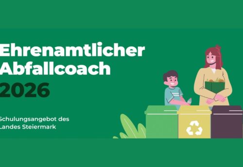 Grafik zeigt Comic: Mutter mit Kind vor verschiedenen Abfalleimern; Text "Ehrenamtlicher Abfallcoach 2026" (c) Land Steiermark