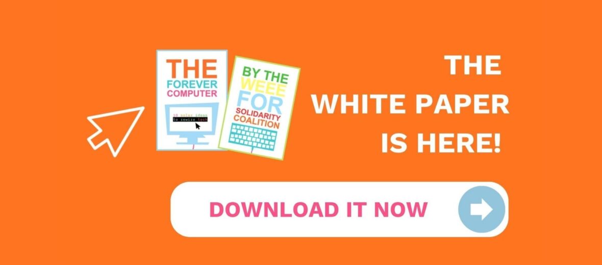 Bild zeigt orangen Hintergrund, darauf ist eine Grafik des Whitepapers von WEEE for solidarity zu sehen. Bildtext: THE WHITEPAPER IS HERE!