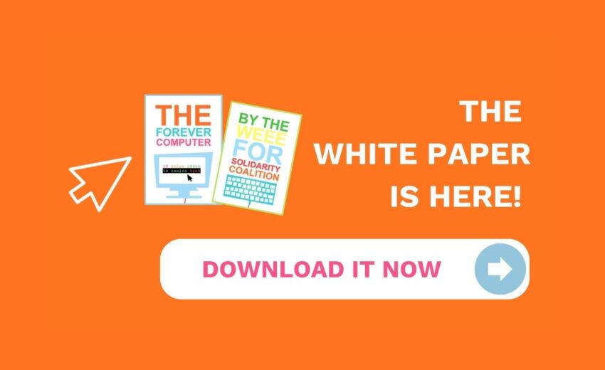 Bild zeigt orangen Hintergrund, darauf ist eine Grafik des Whitepapers von WEEE for solidarity zu sehen. Bildtext: THE WHITEPAPER IS HERE!