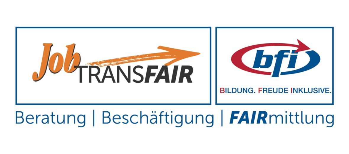 Bild zeigt das Logo von JobTransfair, daneben das Logo von bfi. Darunter der Bildtext: Beratung, Beschäftigung, FAIRmittlung.