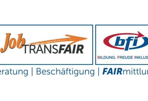 Bild zeigt das Logo von JobTransfair, daneben das Logo von bfi. Darunter der Bildtext: Beratung, Beschäftigung, FAIRmittlung.