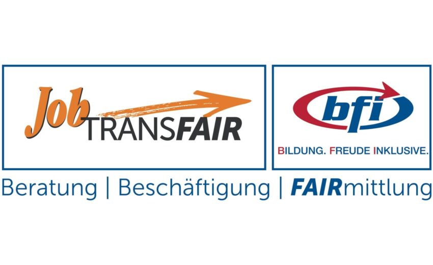 Bild zeigt das Logo von JobTransfair, daneben das Logo von bfi. Darunter der Bildtext: Beratung, Beschäftigung, FAIRmittlung.