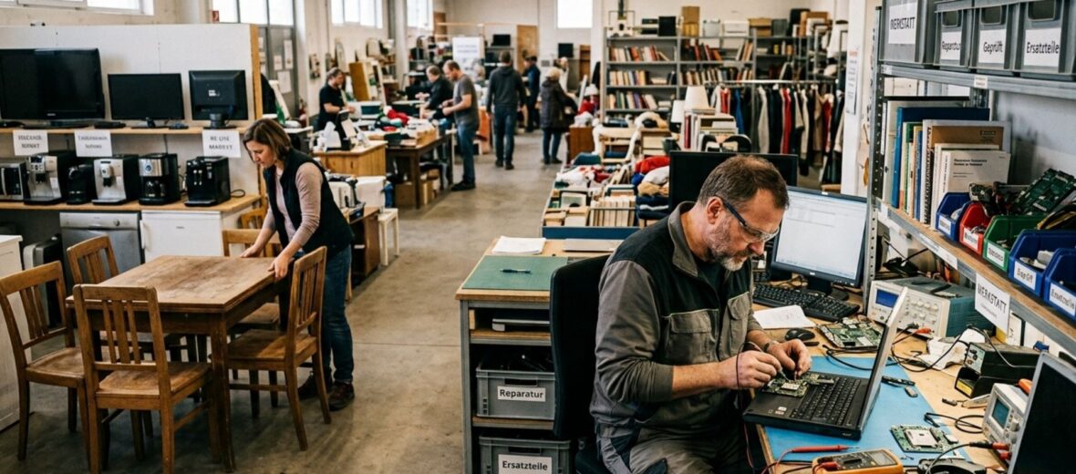 Bild zeigt einen Re-Use Shop mit mehreren Stationen: Vorne links befindet sich eine Ecke, in der ein Mann Elektrogeräte repariert. Linkes vorne befindet sich eine Frau, die eine alte Sitzgarnitur zurechtrückt. Im hinteren Bereich befinden sich Bücherregale und weitere Re-Use Produkte. Bild wurde mit KI erstellt.