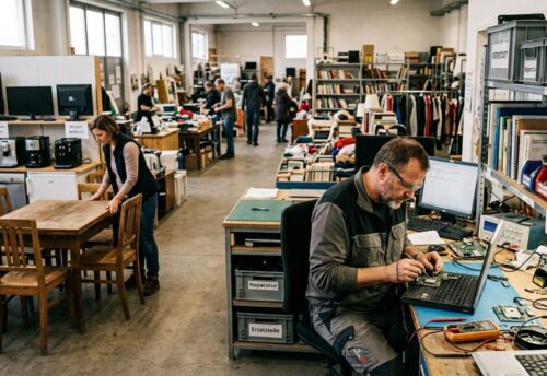 Bild zeigt einen Re-Use Shop mit mehreren Stationen: Vorne links befindet sich eine Ecke, in der ein Mann Elektrogeräte repariert. Linkes vorne befindet sich eine Frau, die eine alte Sitzgarnitur zurechtrückt. Im hinteren Bereich befinden sich Bücherregale und weitere Re-Use Produkte. Bild wurde mit KI erstellt.