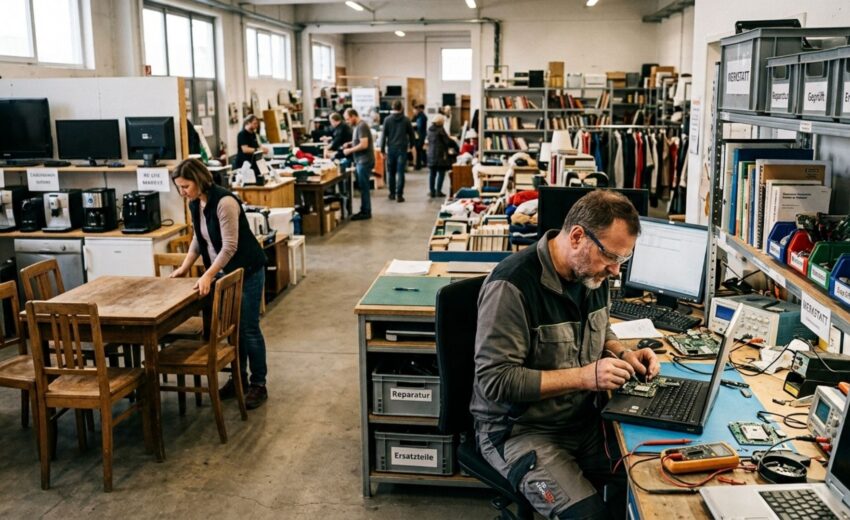 Bild zeigt einen Re-Use Shop mit mehreren Stationen: Vorne links befindet sich eine Ecke, in der ein Mann Elektrogeräte repariert. Linkes vorne befindet sich eine Frau, die eine alte Sitzgarnitur zurechtrückt. Im hinteren Bereich befinden sich Bücherregale und weitere Re-Use Produkte. Bild wurde mit KI erstellt.
