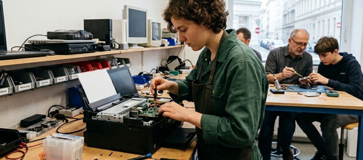 Bild zeigt eine junge Frau, die einen Drucker repariert. Dahinter befinden sich weitere drei Personen, die Sachen reparieren. Bild wurde mit KI erstellt