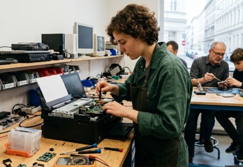 Bild zeigt eine junge Frau, die einen Drucker repariert. Dahinter befinden sich weitere drei Personen, die Sachen reparieren. Bild wurde mit KI erstellt