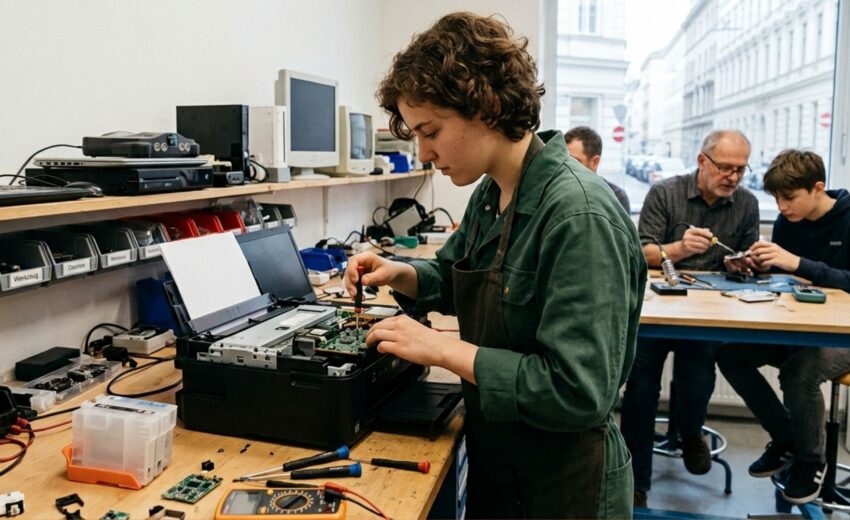 Bild zeigt eine junge Frau, die einen Drucker repariert. Dahinter befinden sich weitere drei Personen, die Sachen reparieren. Bild wurde mit KI erstellt