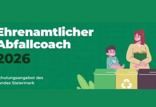 Grafik zeigt Comic: Mutter mit Kind vor verschiedenen Abfalleimern; Text "Ehrenamtlicher Abfallcoach 2026"
