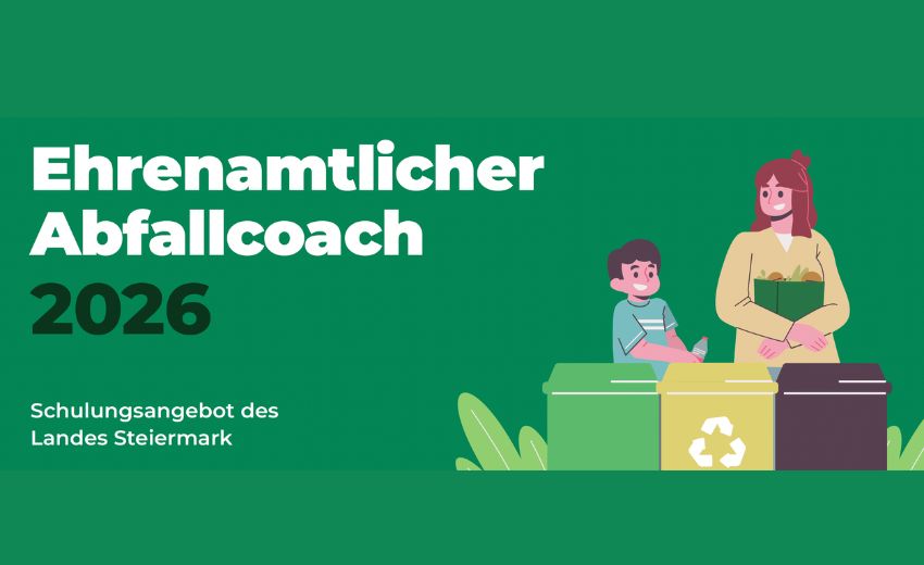 Grafik zeigt Comic: Mutter mit Kind vor verschiedenen Abfalleimern; Text "Ehrenamtlicher Abfallcoach 2026"