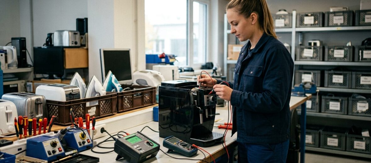 Bild zeigt eine Frau in einer Werkstatt beim Reparieren einer Kaffeemaschine.