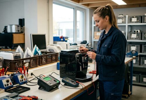 Bild zeigt eine Frau in einer Werkstatt beim Reparieren einer Kaffeemaschine.