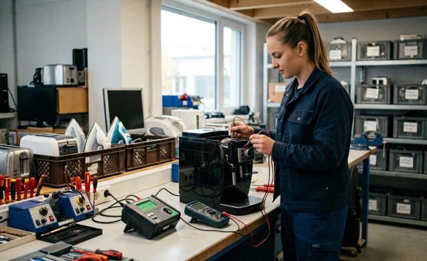Bild zeigt eine Frau in einer Werkstatt beim Reparieren einer Kaffeemaschine.