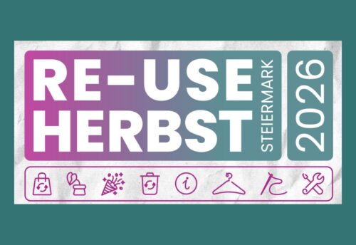 Bild zeigt Banner des steirischen Re-Use Herbst. Bildtext: Re-Use Herbst Steiermark 2026; darunter mehrere Icons, Tragetasche, Pflanze, Mülleimer, Kleiderbügel, Schraubenschlüssel. (c) Land Steiermark