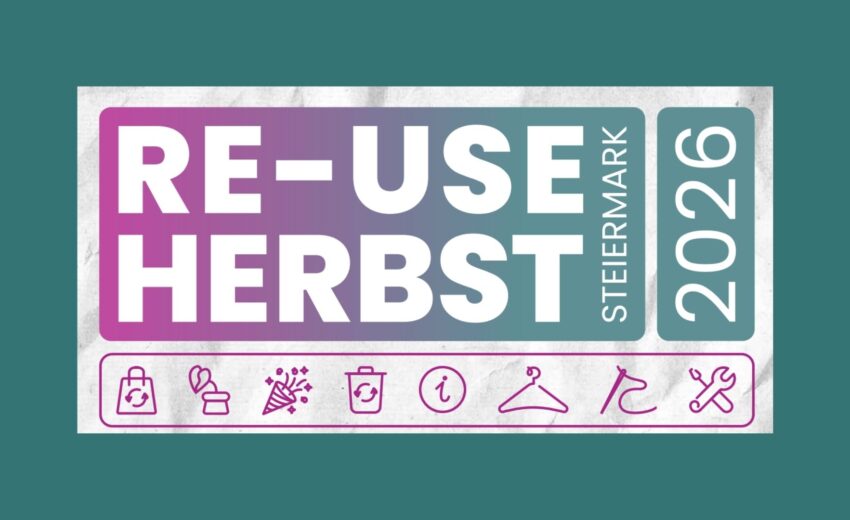 Bild zeigt Banner des steirischen Re-Use Herbst. Bildtext: Re-Use Herbst Steiermark 2026; darunter mehrere Icons, Tragetasche, Pflanze, Mülleimer, Kleiderbügel, Schraubenschlüssel. (c) Land Steiermark